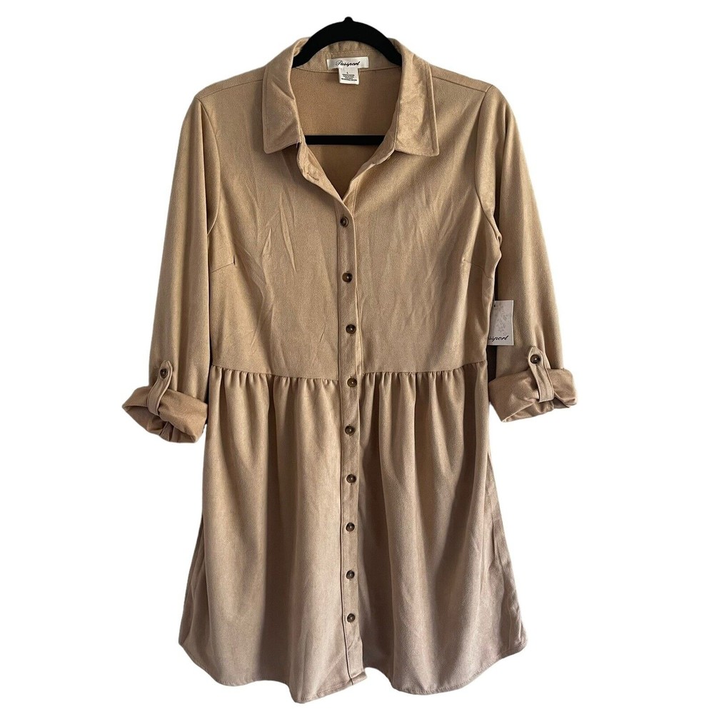 Passport Mini Shirt Dress Baby Doll Tan Faux Suede Long Sleeve L Collared